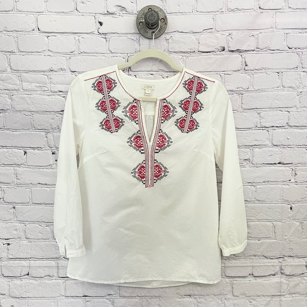 J.Crew Ivory Embroidered Tunic Blouse 3/4 Sleeve | XS